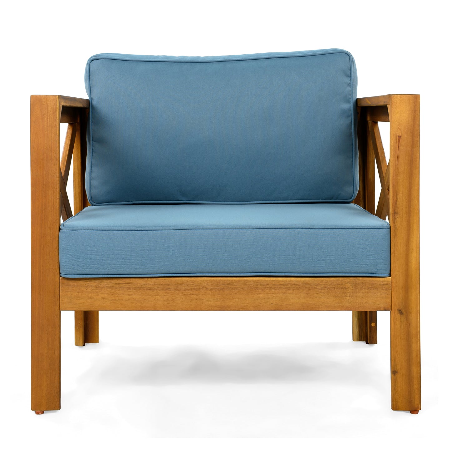 Patio Conversation Set, Outdoor Wood Leisure Seat(Set of 2),Armchair with Cushions,Selma Acacia Wood End Table ,Teak Finish,Blue cushion