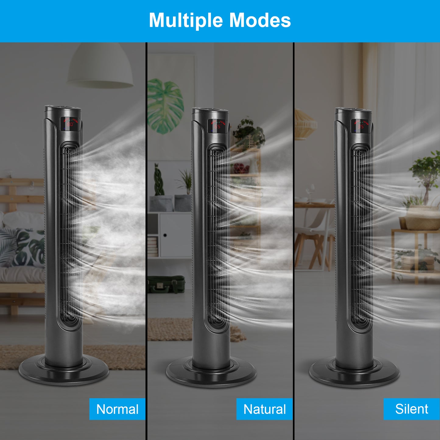 36 Inch High Efficiency Cooling Tower Fan with 3 Speed Settings and 15 Hour Timer, 70 Degree Auto Oscillating with Remote, Standing Fan for Bedroom Home Office