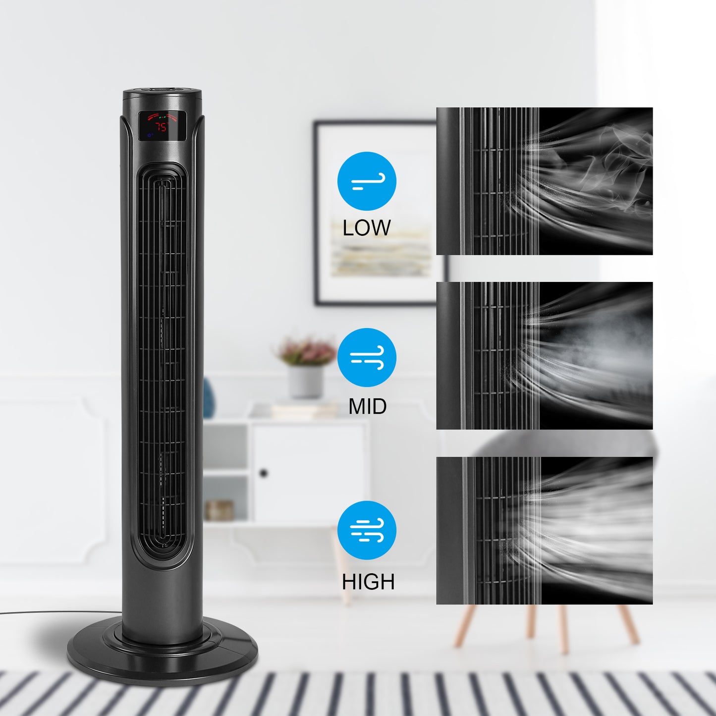 36 Inch High Efficiency Cooling Tower Fan with 3 Speed Settings and 15 Hour Timer, 70 Degree Auto Oscillating with Remote, Standing Fan for Bedroom Home Office