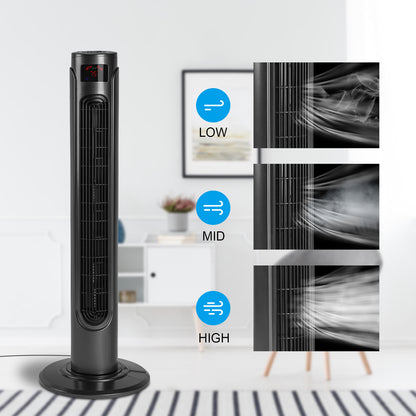 36 Inch High Efficiency Cooling Tower Fan with 3 Speed Settings and 15 Hour Timer, 70 Degree Auto Oscillating with Remote, Standing Fan for Bedroom Home Office