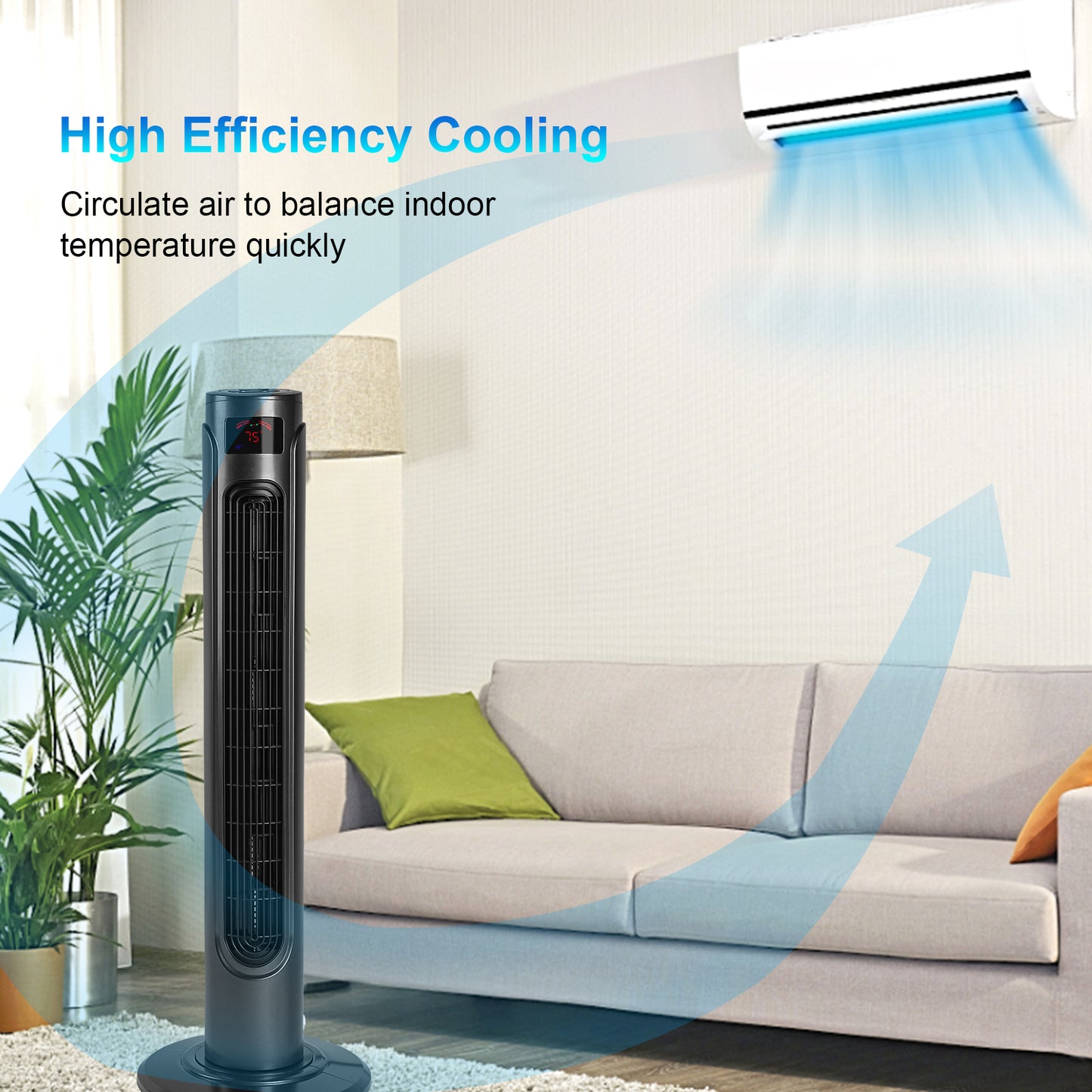 36 Inch High Efficiency Cooling Tower Fan with 3 Speed Settings and 15 Hour Timer, 70 Degree Auto Oscillating with Remote, Standing Fan for Bedroom Home Office