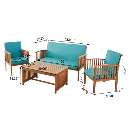 Outdoor Acacia Wood Sofa Set with Water Resistant Cushions, 4-Pcs Set, Brown Patina / Teal