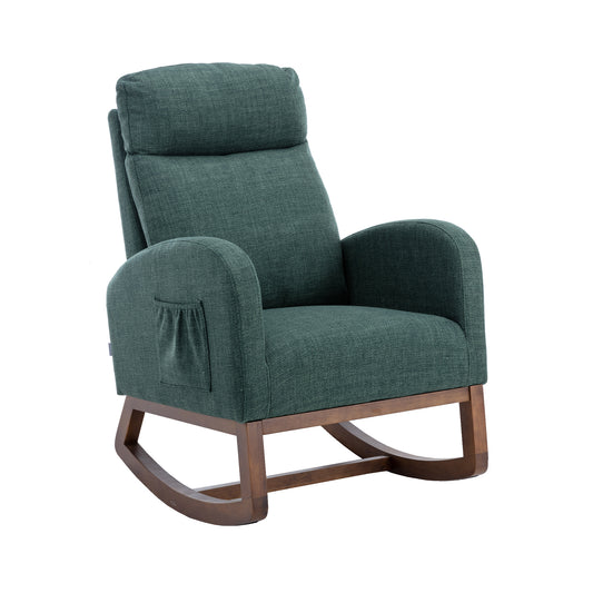Rocking Chair, Modern Glider Chair, Recliner Armchair with Wood Legs and Side Pocket, Nursery Rocking Accent Chair with High Back for Living Room Bedroom (Emerald linen)