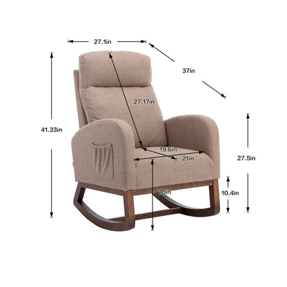 Rocking Chair, Modern Glider Chair, Recliner Armchair with Wood Legs and Side Pocket, Nursery Rocking Accent Chair with High Back for Living Room Bedroom (Camel linen)