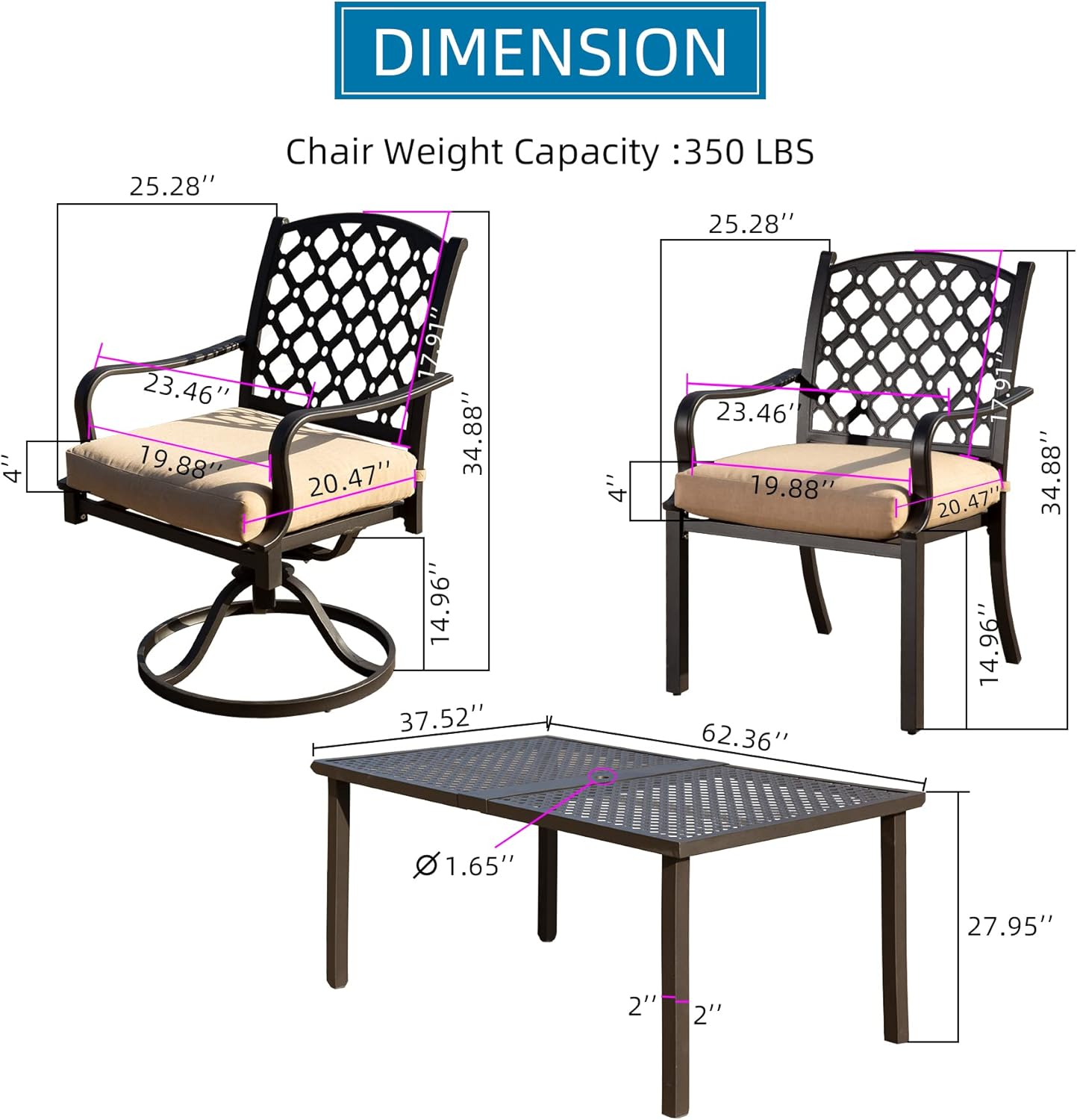 Outdoor 7 pcs Patio Dining Set, Metal Dining Table, Swivel and Dining Chairs Conversation Set with Removable Beige Cushions for Garden Lawn Yard