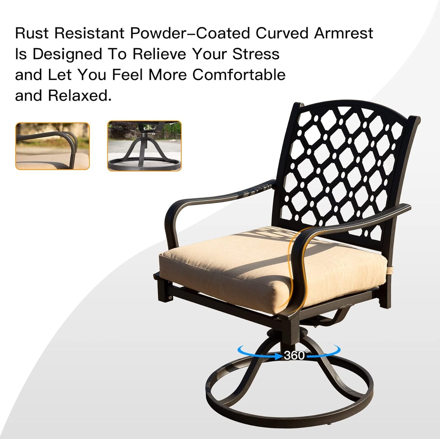 Outdoor 7 pcs Patio Dining Set, Metal Dining Table, Swivel and Dining Chairs Conversation Set with Removable Beige Cushions for Garden Lawn Yard