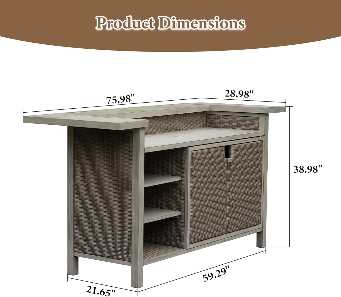 Patio Bar Table, Outdoor Aluminum PE Wicker Bar Cart with Cabinet, All Weather Use Storage Patio Cabinet for Patio Kitchen or Bar Cart, Wood Grain