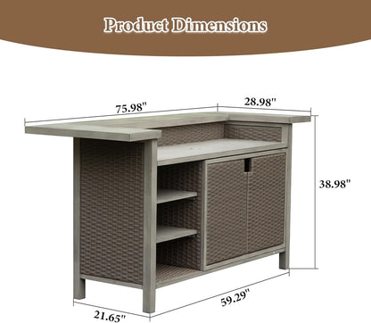 Patio Bar Table, Outdoor Aluminum PE Wicker Bar Cart with Cabinet, All Weather Use Storage Patio Cabinet for Patio Kitchen or Bar Cart, Wood Grain