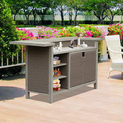 Patio Bar Table, Outdoor Aluminum PE Wicker Bar Cart with Cabinet, All Weather Use Storage Patio Cabinet for Patio Kitchen or Bar Cart, Wood Grain