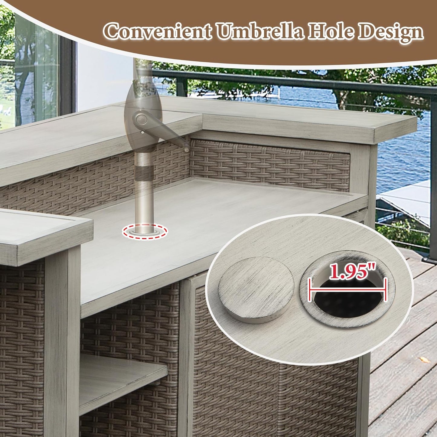 Patio Bar Table, Outdoor Aluminum PE Wicker Bar Cart with Cabinet, All Weather Use Storage Patio Cabinet for Patio Kitchen or Bar Cart, Wood Grain