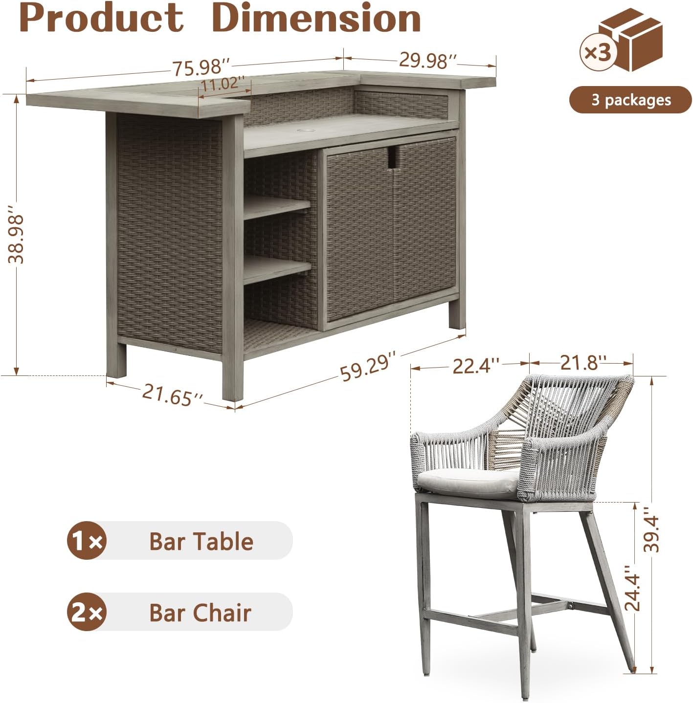 Outdoor Home Bar Unit Set of 3, All-Weather Wicker & Aluminum Frame Farmhouse Bar Table with 2 Counter Height Stools with Shelves and Cabinet, for Patio, Kitchen Island, Indoor Outdoor Use