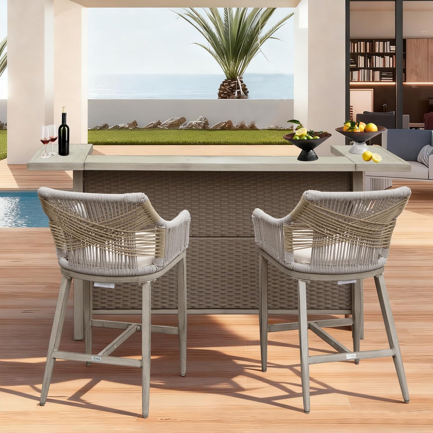 Outdoor Home Bar Unit Set of 3, All-Weather Wicker & Aluminum Frame Farmhouse Bar Table with 2 Counter Height Stools with Shelves and Cabinet, for Patio, Kitchen Island, Indoor Outdoor Use