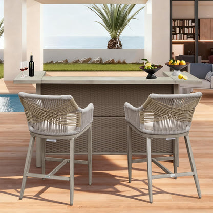 Outdoor Home Bar Unit Set of 3, All-Weather Wicker & Aluminum Frame Farmhouse Bar Table with 2 Counter Height Stools with Shelves and Cabinet, for Patio, Kitchen Island, Indoor Outdoor Use