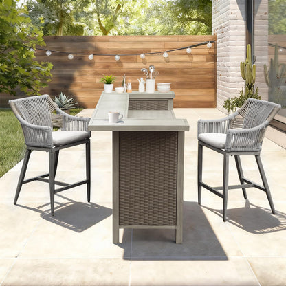 Outdoor Home Bar Unit Set of 3, All-Weather Wicker & Aluminum Frame Farmhouse Bar Table with 2 Counter Height Stools with Shelves and Cabinet, for Patio, Kitchen Island, Indoor Outdoor Use
