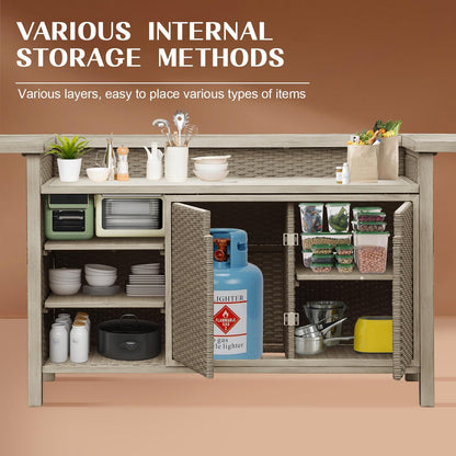 Outdoor Home Bar Unit Set of 3, All-Weather Wicker & Aluminum Frame Farmhouse Bar Table with 2 Counter Height Stools with Shelves and Cabinet, for Patio, Kitchen Island, Indoor Outdoor Use