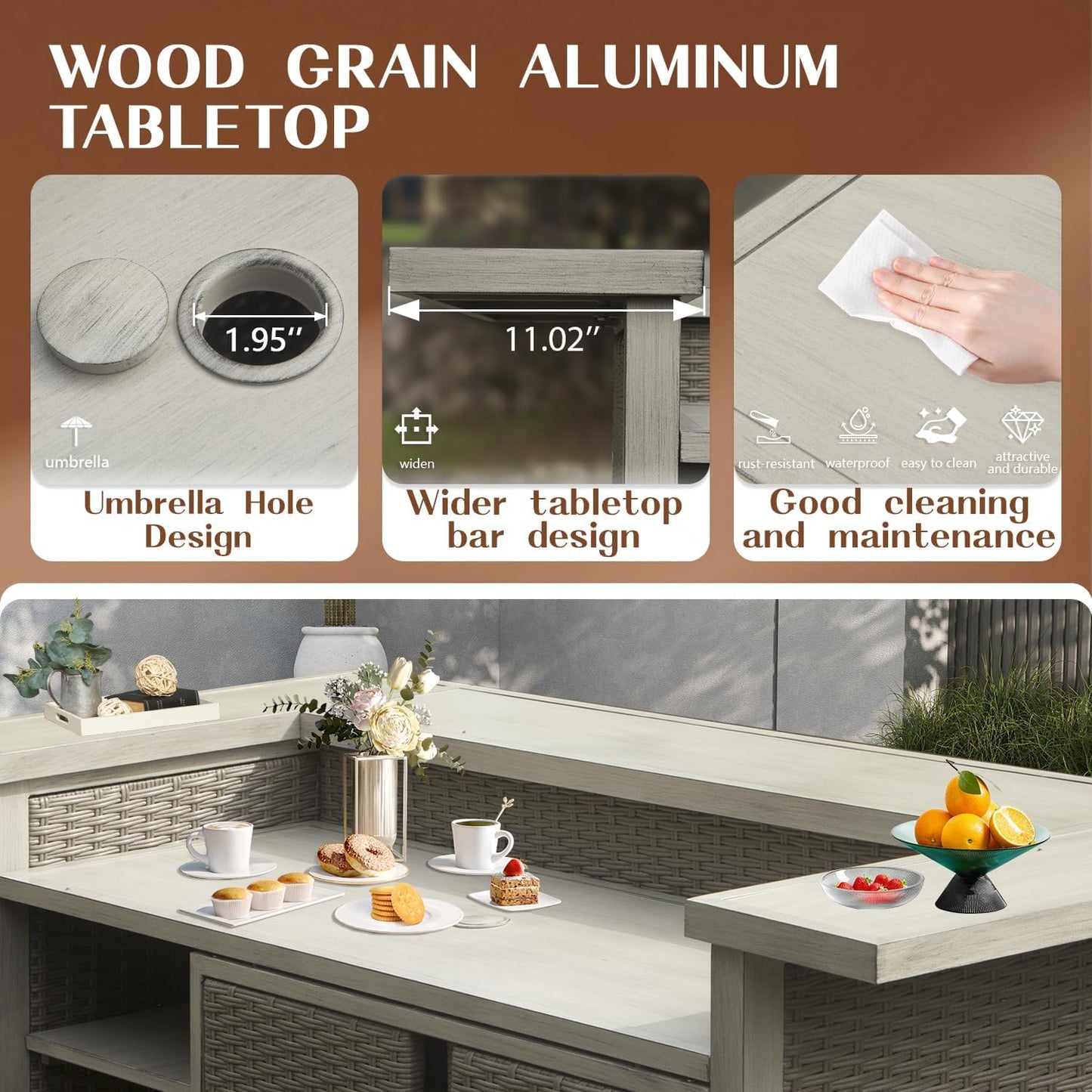 Outdoor Home Bar Unit Set of 3, All-Weather Wicker & Aluminum Frame Farmhouse Bar Table with 2 Counter Height Stools with Shelves and Cabinet, for Patio, Kitchen Island, Indoor Outdoor Use