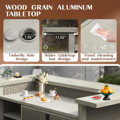 Outdoor Home Bar Unit Set of 3, All-Weather Wicker & Aluminum Frame Farmhouse Bar Table with 2 Counter Height Stools with Shelves and Cabinet, for Patio, Kitchen Island, Indoor Outdoor Use