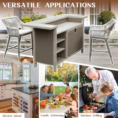 Outdoor Home Bar Unit Set of 3, All-Weather Wicker & Aluminum Frame Farmhouse Bar Table with 2 Counter Height Stools with Shelves and Cabinet, for Patio, Kitchen Island, Indoor Outdoor Use