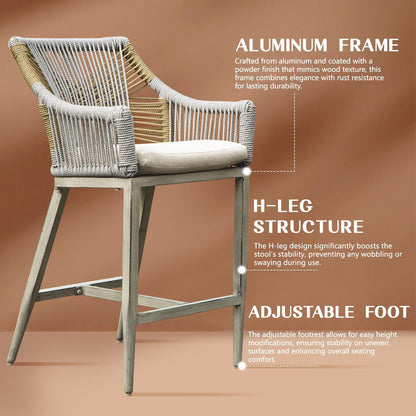 Outdoor Home Bar Unit Set of 3, All-Weather Wicker & Aluminum Frame Farmhouse Bar Table with 2 Counter Height Stools with Shelves and Cabinet, for Patio, Kitchen Island, Indoor Outdoor Use