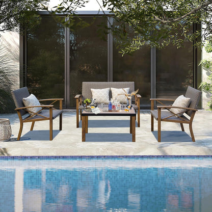 4-Piece Modern Conversation Set with Cotton Padding Backrests and Seats, Outdoor Sectional Metal Sofa Set with 5.5 Inch Cushion and Coffee Table for Balcony, Garden  On-Site