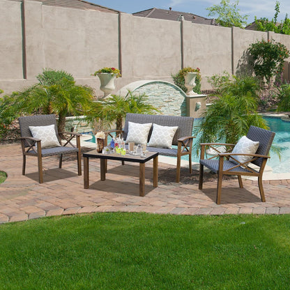 4-Piece Modern Conversation Set with Cotton Padding Backrests and Seats, Outdoor Sectional Metal Sofa Set with 5.5 Inch Cushion and Coffee Table for Balcony, Garden  On-Site