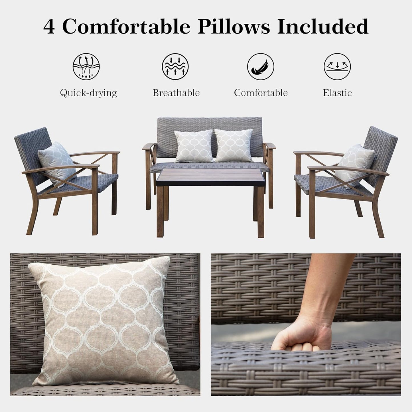 4-Piece Modern Conversation Set with Cotton Padding Backrests and Seats, Outdoor Sectional Metal Sofa Set with 5.5 Inch Cushion and Coffee Table for Balcony, Garden  On-Site