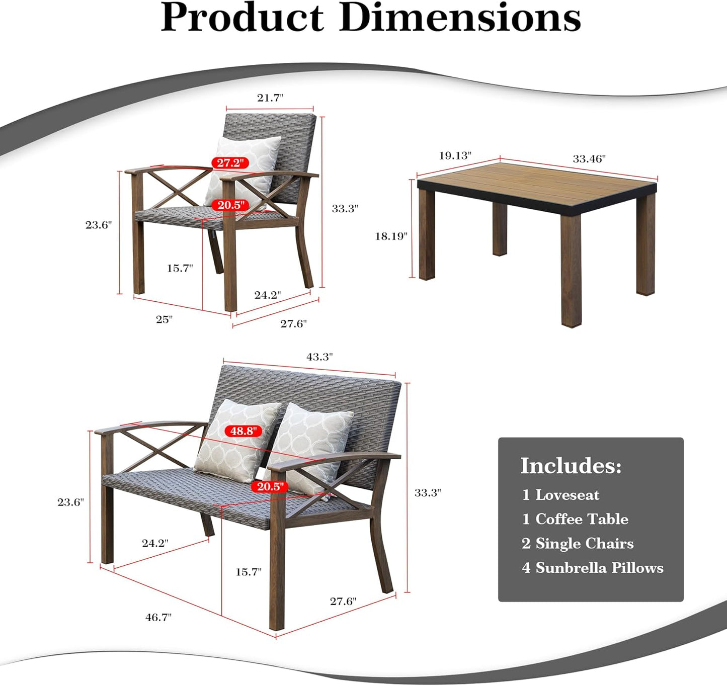 4-Piece Modern Conversation Set with Cotton Padding Backrests and Seats, Outdoor Sectional Metal Sofa Set with 5.5 Inch Cushion and Coffee Table for Balcony, Garden  On-Site