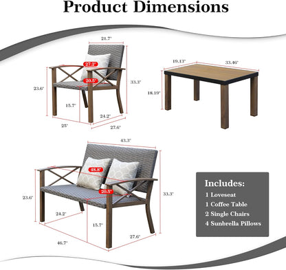 4-Piece Modern Conversation Set with Cotton Padding Backrests and Seats, Outdoor Sectional Metal Sofa Set with 5.5 Inch Cushion and Coffee Table for Balcony, Garden  On-Site