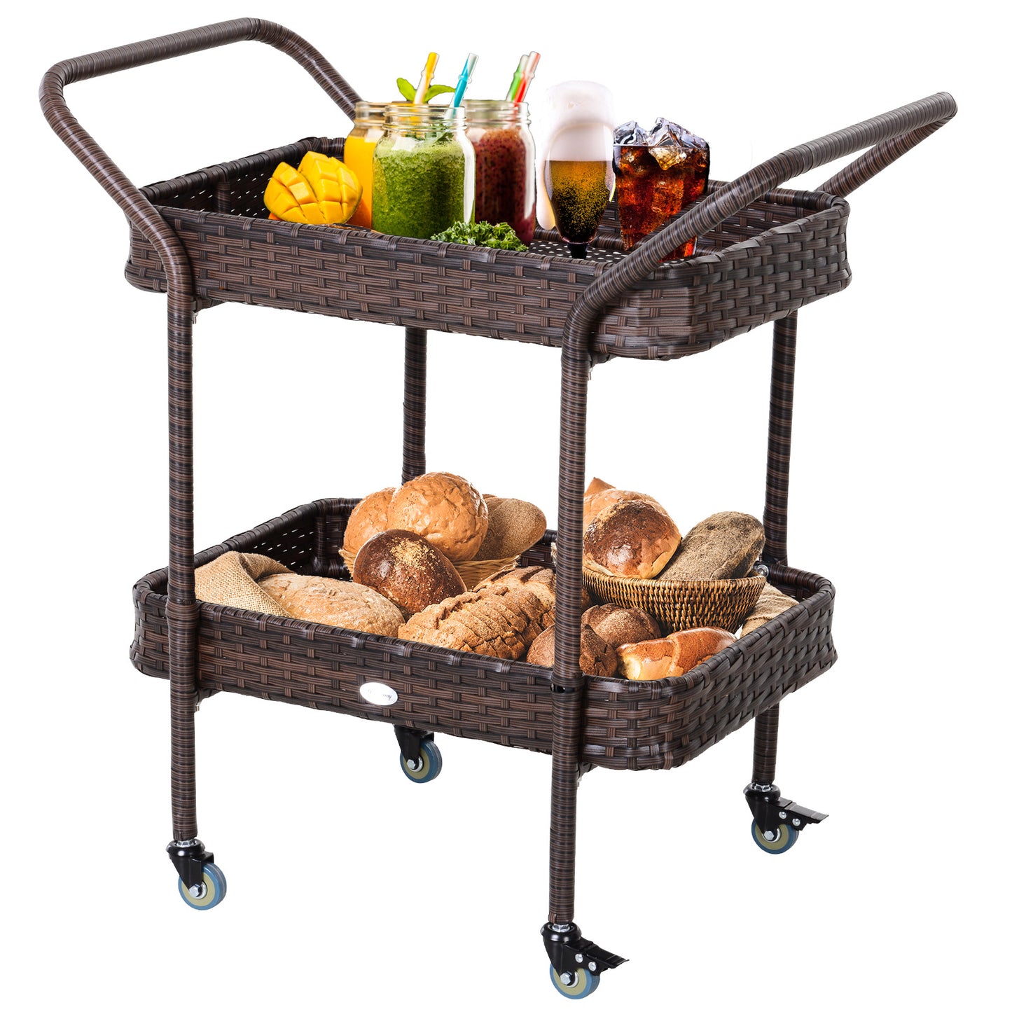 Rattan Wicker Serving Cart with 2-Tier Open Shelf, Outdoor Wheeled Bar Cart with Brakes for Poolside, Garden, Patio