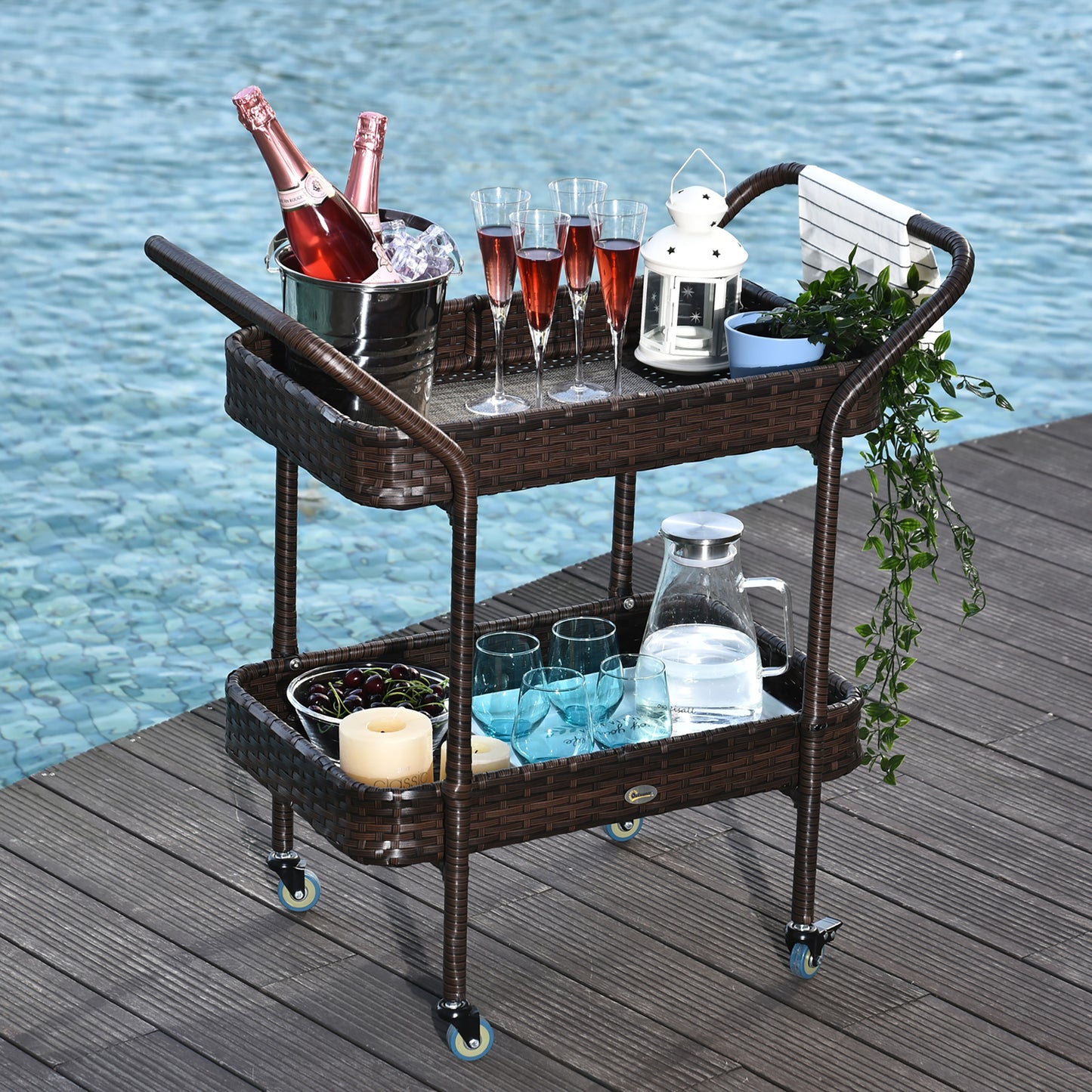 Rattan Wicker Serving Cart with 2-Tier Open Shelf, Outdoor Wheeled Bar Cart with Brakes for Poolside, Garden, Patio