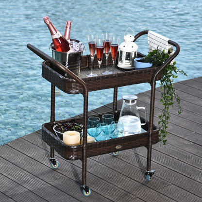 Rattan Wicker Serving Cart with 2-Tier Open Shelf, Outdoor Wheeled Bar Cart with Brakes for Poolside, Garden, Patio