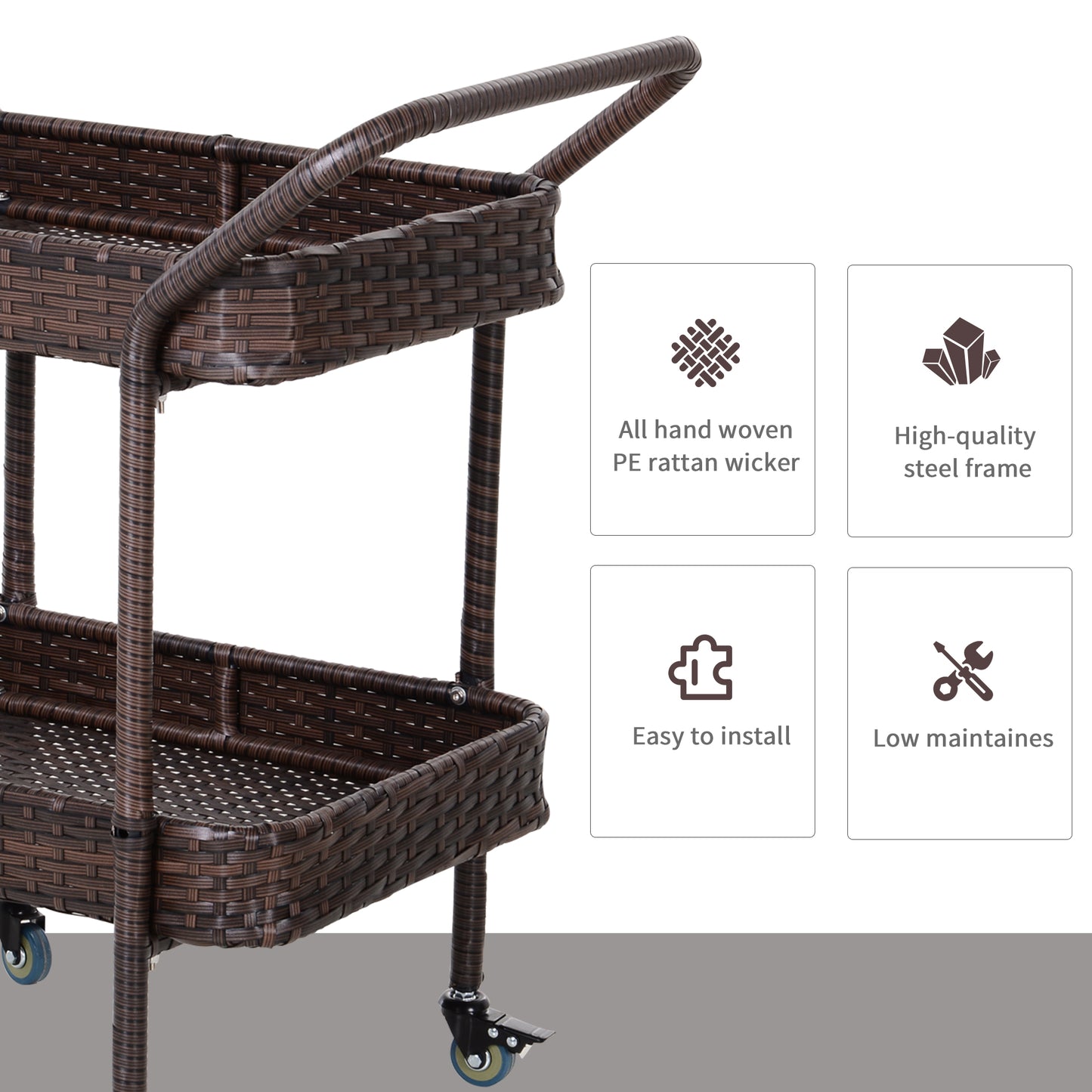 Rattan Wicker Serving Cart with 2-Tier Open Shelf, Outdoor Wheeled Bar Cart with Brakes for Poolside, Garden, Patio