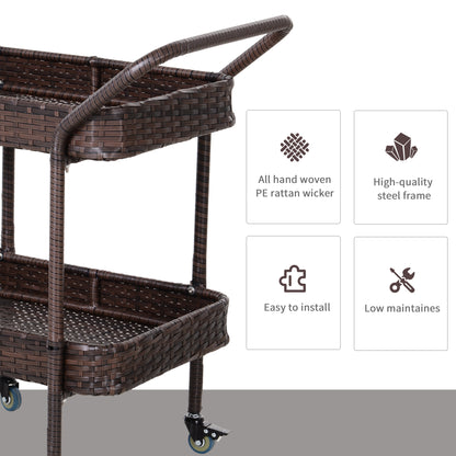 Rattan Wicker Serving Cart with 2-Tier Open Shelf, Outdoor Wheeled Bar Cart with Brakes for Poolside, Garden, Patio