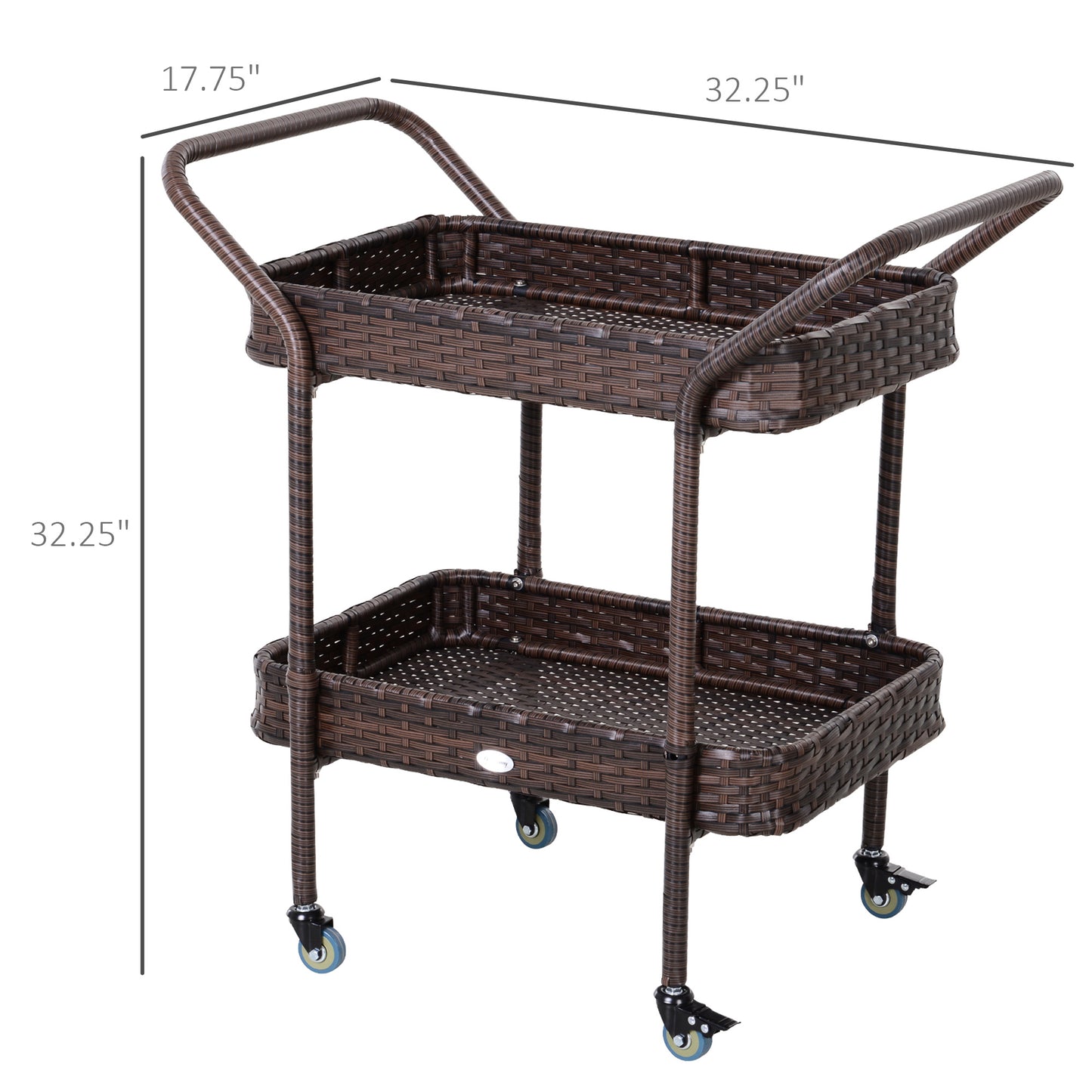 Rattan Wicker Serving Cart with 2-Tier Open Shelf, Outdoor Wheeled Bar Cart with Brakes for Poolside, Garden, Patio