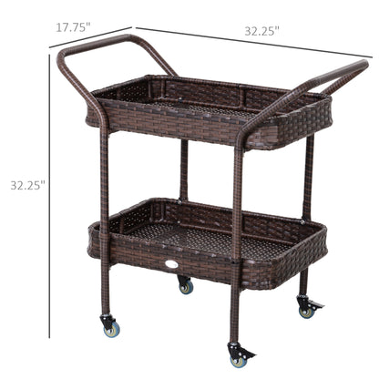 Rattan Wicker Serving Cart with 2-Tier Open Shelf, Outdoor Wheeled Bar Cart with Brakes for Poolside, Garden, Patio