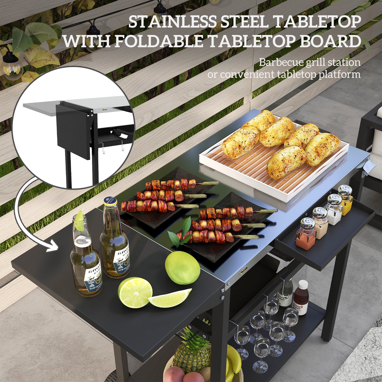 Outsunny Outdoor Bar Cart with Stainless Steel Tabletop, Kitchen Island with Wheels, 2 Tiers & Seasoning Shelf, Patio Serving Cart with Hooks, Towel & Garbage Bag Holder, Plates & Spice Jars, Black