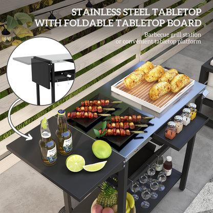 Outsunny Outdoor Bar Cart with Stainless Steel Tabletop, Kitchen Island with Wheels, 2 Tiers & Seasoning Shelf, Patio Serving Cart with Hooks, Towel & Garbage Bag Holder, Plates & Spice Jars, Black