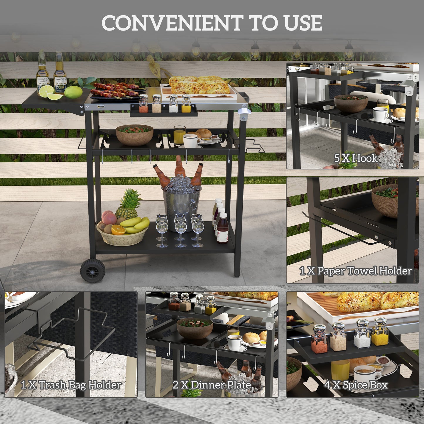 Outsunny Outdoor Bar Cart with Stainless Steel Tabletop, Kitchen Island with Wheels, 2 Tiers & Seasoning Shelf, Patio Serving Cart with Hooks, Towel & Garbage Bag Holder, Plates & Spice Jars, Black