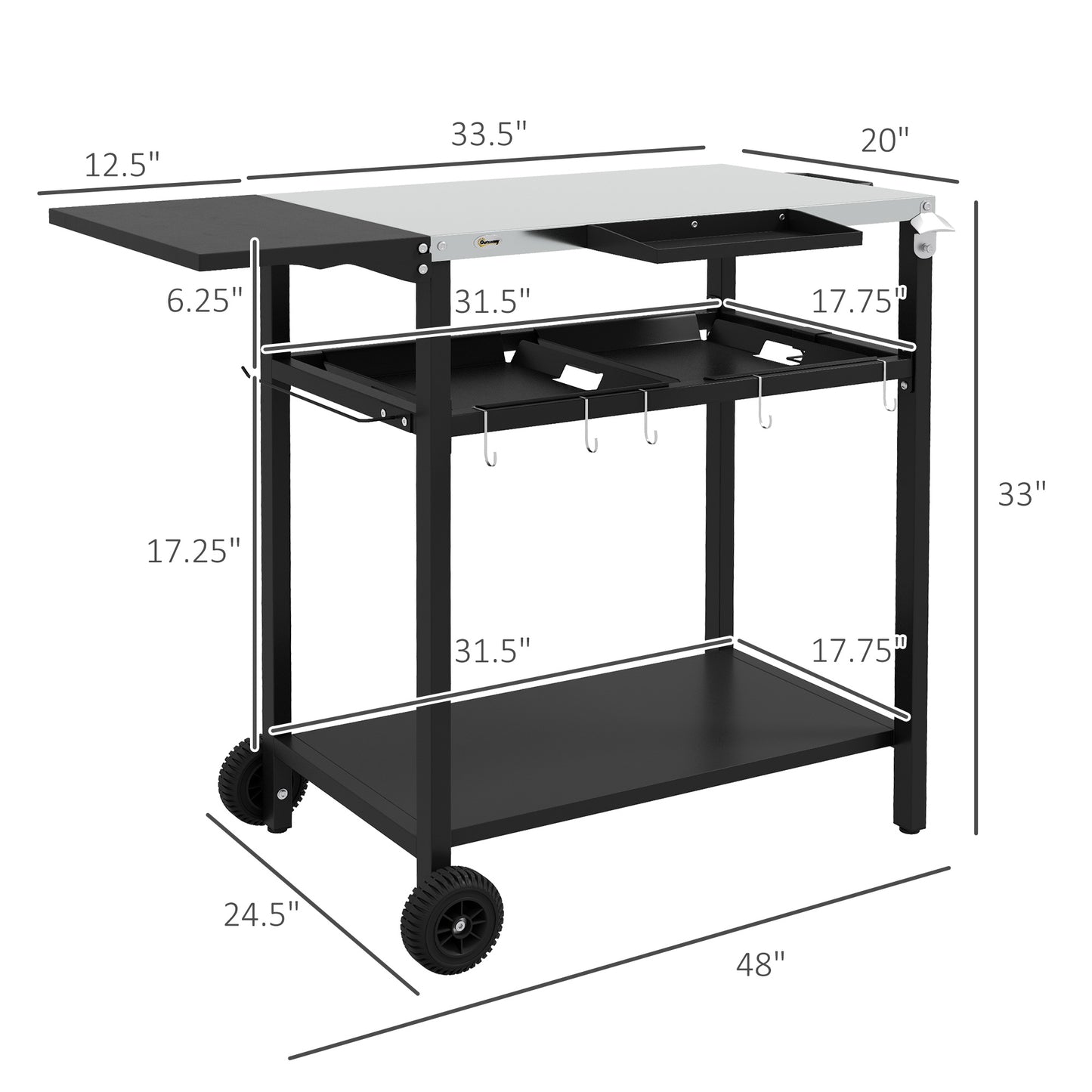 Outsunny Outdoor Bar Cart with Stainless Steel Tabletop, Kitchen Island with Wheels, 2 Tiers & Seasoning Shelf, Patio Serving Cart with Hooks, Towel & Garbage Bag Holder, Plates & Spice Jars, Black