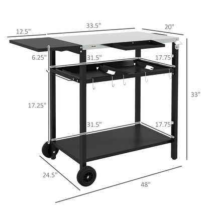 Outsunny Outdoor Bar Cart with Stainless Steel Tabletop, Kitchen Island with Wheels, 2 Tiers & Seasoning Shelf, Patio Serving Cart with Hooks, Towel & Garbage Bag Holder, Plates & Spice Jars, Black