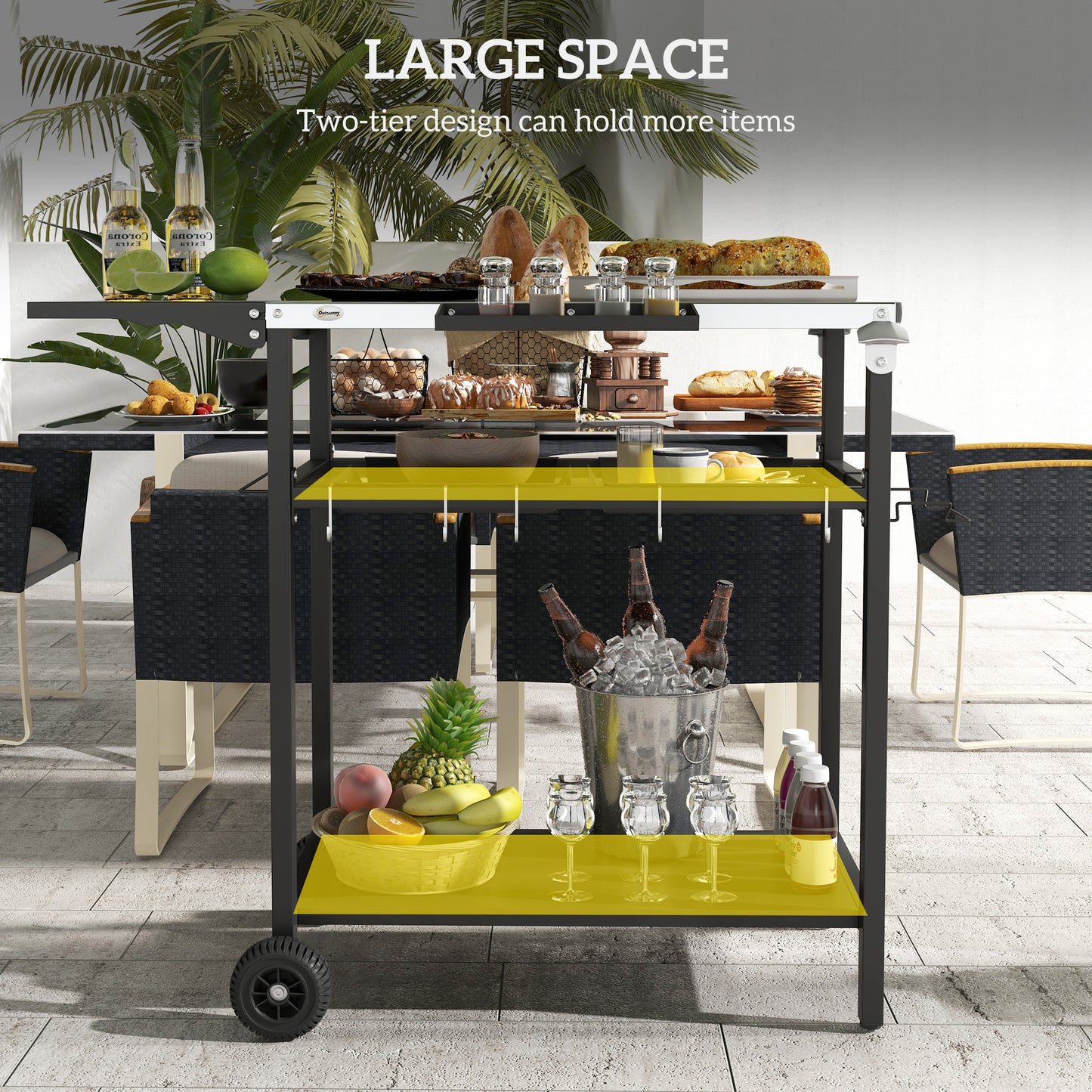 Outsunny Outdoor Bar Cart with Stainless Steel Tabletop, Kitchen Island with Wheels, 2 Tiers & Seasoning Shelf, Patio Serving Cart with Hooks, Towel & Garbage Bag Holder, Plates & Spice Jars, Black