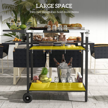 Outsunny Outdoor Bar Cart with Stainless Steel Tabletop, Kitchen Island with Wheels, 2 Tiers & Seasoning Shelf, Patio Serving Cart with Hooks, Towel & Garbage Bag Holder, Plates & Spice Jars, Black