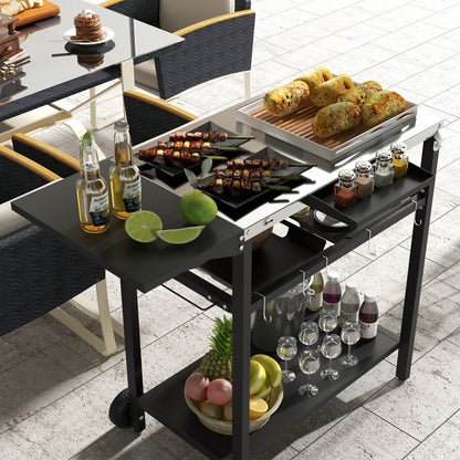 Outsunny Outdoor Bar Cart with Stainless Steel Tabletop, Kitchen Island with Wheels, 2 Tiers & Seasoning Shelf, Patio Serving Cart with Hooks, Towel & Garbage Bag Holder, Plates & Spice Jars, Black