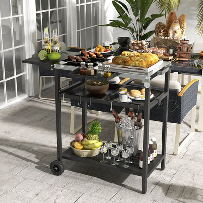 Outsunny Outdoor Bar Cart with Stainless Steel Tabletop, Kitchen Island with Wheels, 2 Tiers & Seasoning Shelf, Patio Serving Cart with Hooks, Towel & Garbage Bag Holder, Plates & Spice Jars, Black