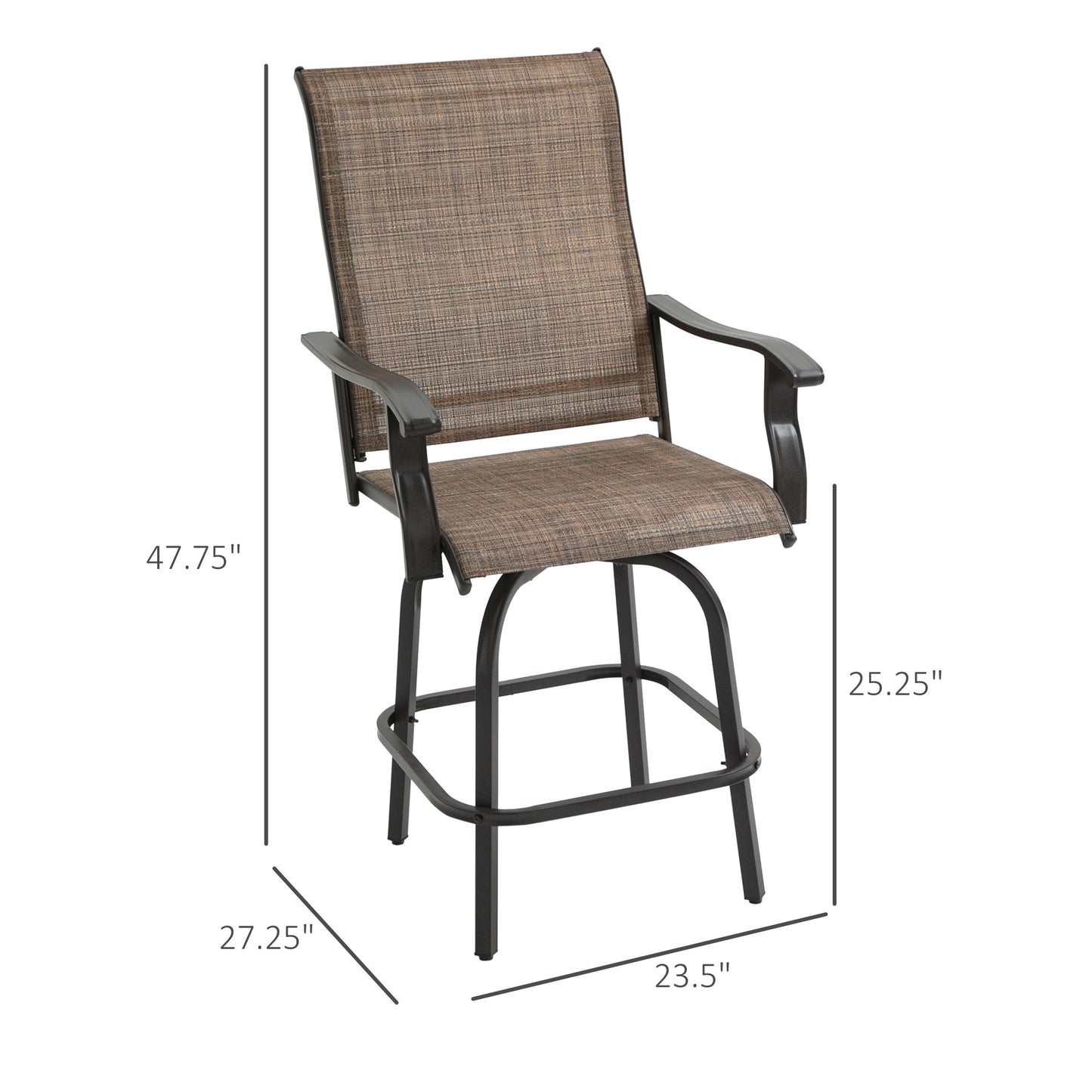Outsunny Set of 2 Outdoor Swivel Bar Stools with Armrests, Bar Height Patio Chairs with Steel Frame for Balcony, Poolside, Backyard, Brown
