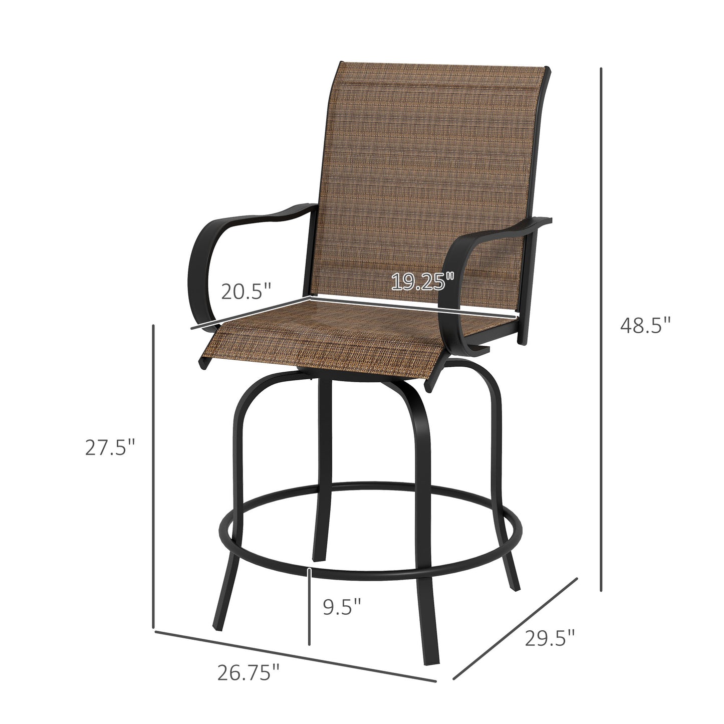 Outsunny Outdoor Bar Stools with Armrests, Set of 2 360° Swivel Bar Height Patio Chairs with High-Density Mesh Fabric, Steel Frame Dining Chairs for Balcony, Poolside, Backyard, Tan