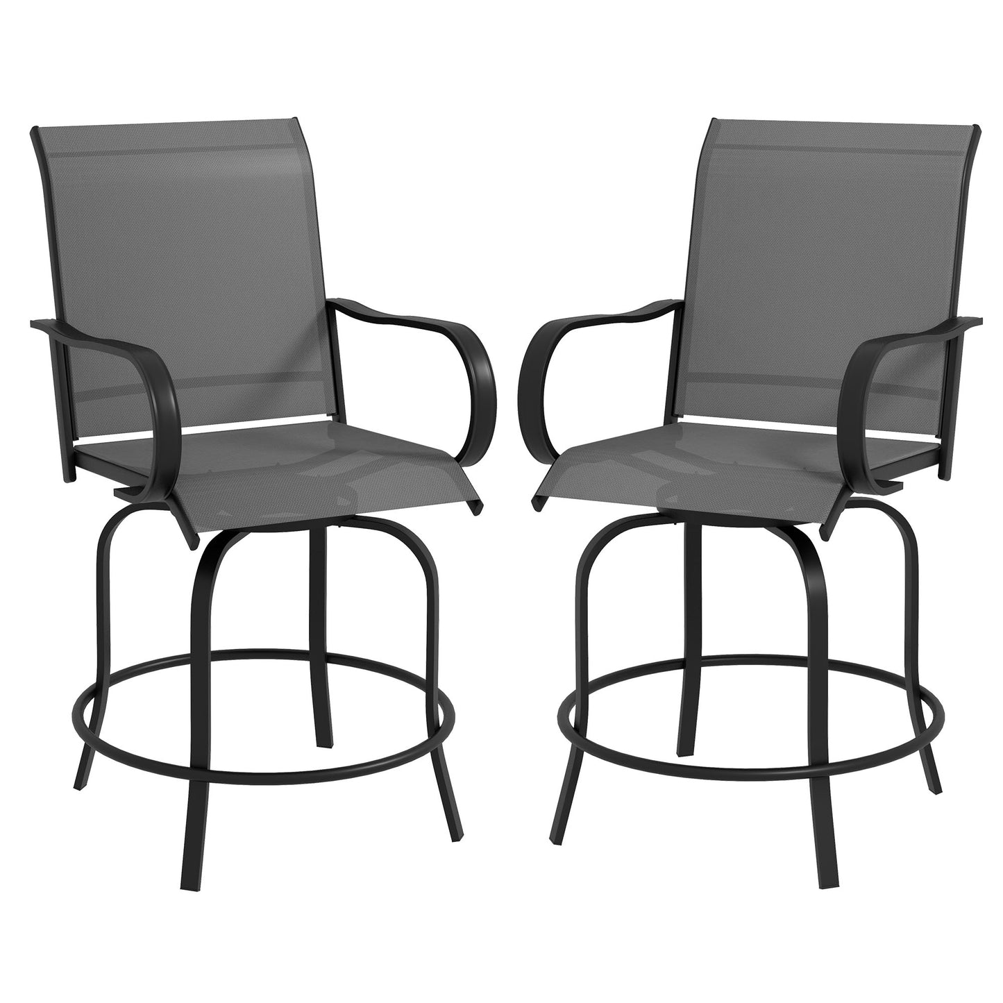 Outdoor Bar Stools with Armrests, Set of 2 360° Swivel Bar Height Patio Chairs with High-Density Mesh Fabric, Steel Frame Dining Chairs for Balcony, Poolside, Backyard, Gray