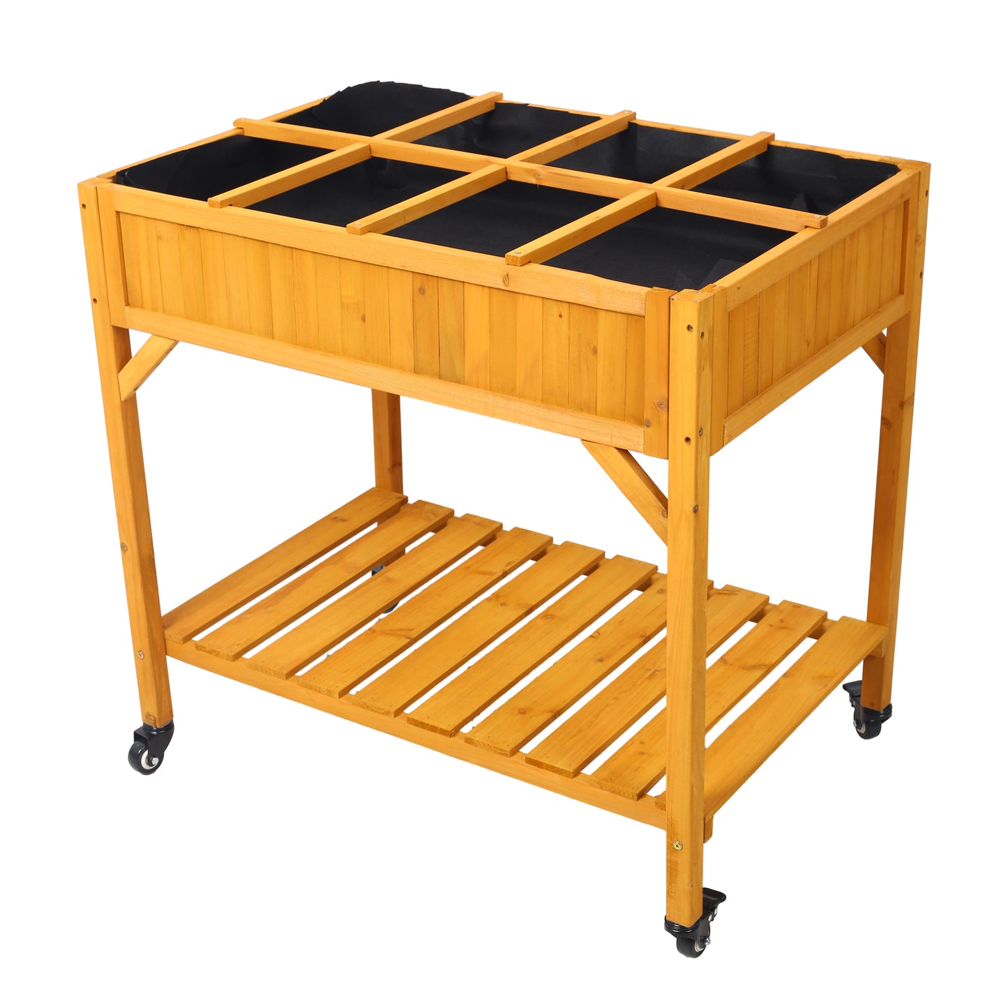 Elevated 8 Pocket Herb Garden Bed, Mobile Raised Customizable Wood Planter for Herbs, Vegetables, Flowers w/ Lockable Wheels, Storage Shelf, Drainage Holes