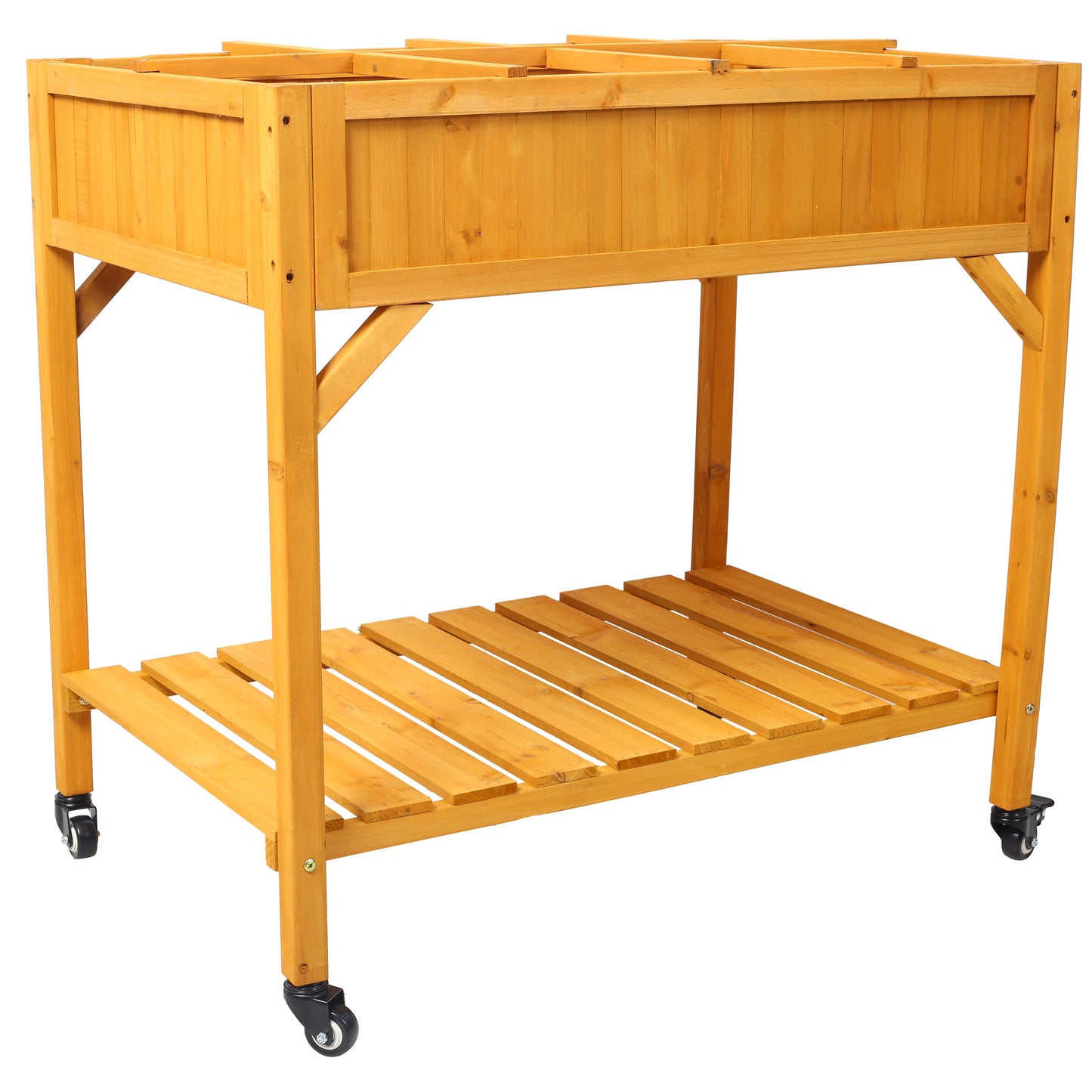 Elevated 8 Pocket Herb Garden Bed, Mobile Raised Customizable Wood Planter for Herbs, Vegetables, Flowers w/ Lockable Wheels, Storage Shelf, Drainage Holes