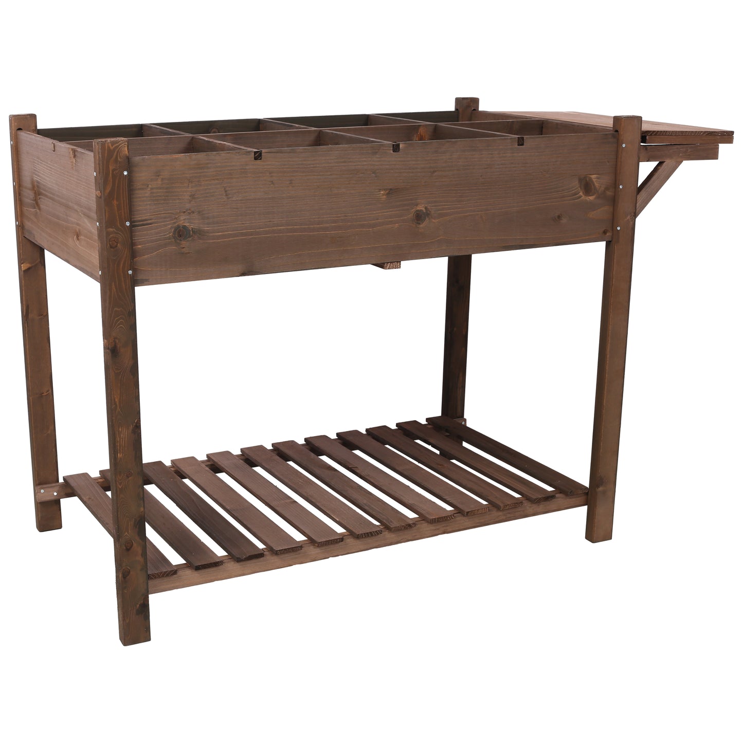 8 Pockets Horticulture Raised Garden Bed Elevated Wood Planter Box Stand with Foldable Side Table and Storage Shelf for Herb/Vegetables/Flowers, dark brown color